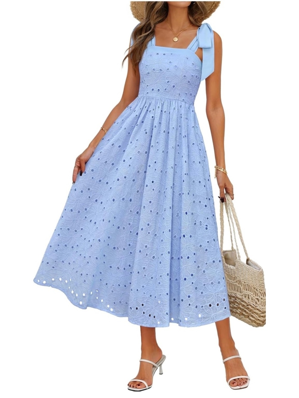 MEROKEETY Blue Eyelet Maxi Dress Tie Shoulder Smocked Back NWT